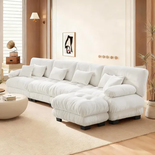 Miniatura 66 de Reposapiés Otomano Tapizado de Terciopelo con Cojín para Sofá Seccional Sofá 300 libras para Sala de Estar (Beige)