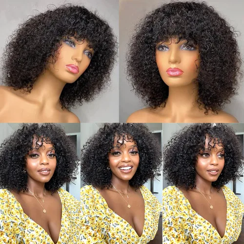 Miniatura 3 de SUPERNOVA Peluca corta afro rizada con flequillo, cabello humano negro natural, 14 pulgadas, rizado real, densidad 180, peluca con flecos, hecha a