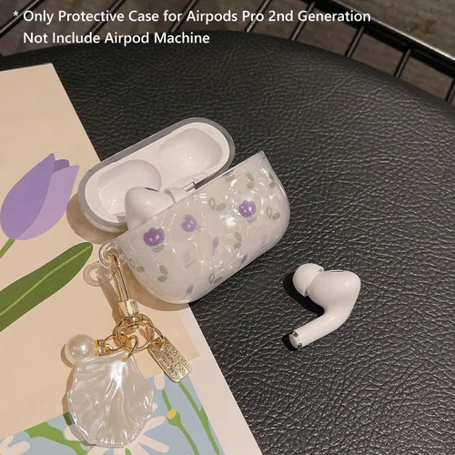 Miniatura 6 de Linda funda Airpod Pro 2 con perla de concha y llavero floral de mármol, funda protectora dura de TPU para AirPods Pro de 2ª generación para mujeres
