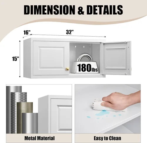 Miniatura 3 de Armario de almacenamiento de metal con puertas, gabinetes de almacenamiento de cocina pequeños, gabinete de pared blanco, gabinete de oficina