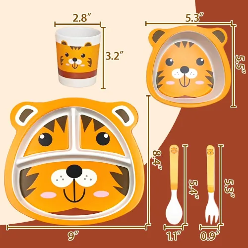 Miniatura 3 de Juego de vajilla infantil para bebés y niños pequeños, cuenco de bambú, taza, tenedor, cuchara y platos divididos, apto para lavavajillas