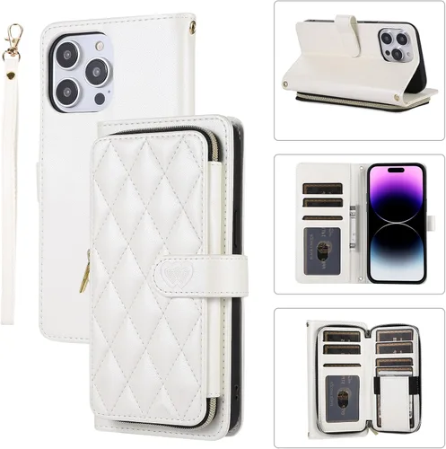 Funda tipo cartera para iPhone 13 Pro Max de 6.7 pulgadas con tarjetero con cremallera, correa para el hombro y correa para la muñeca, bolso Blanco