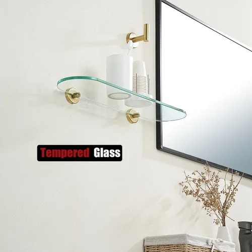 Miniatura 6 de JQK Estante de vidrio para baño dorado, almacenamiento de ducha de vidrio templado de 20 por 5 pulgadas, montaje de pared dorado cepillado de acero