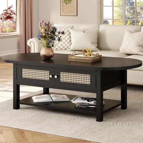 Miniatura 8 de LVB Mesa de centro de ratán, mesa de sala de estar de madera bohemia con almacenamiento, mesa de té de cóctel ovalada moderna de 2 niveles con Roble