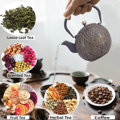 Miniatura 4 de Tetera de hierro fundido esmaltada 34oz (1000ml) - Hervidor de estilo japonés con infusor extraíble de acero inoxidable y mango ergonómico, seguro