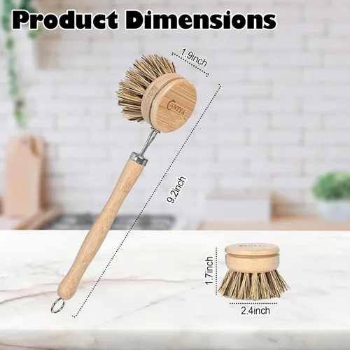 Miniatura 2 de Cepillo de Bambú para Platos con Asa, 4 Cabezales de Repuesto, Raspador de Papas Ecológico, Compostable y Sostenible, Cepillo Raspador de Bambú