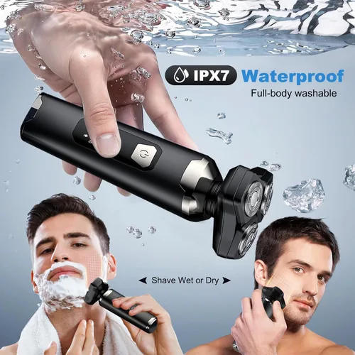 Miniatura 3 de Maquinilla de afeitar eléctrica 4 en 1 para hombres, cabezales flotantes magnéticos, pantalla LED, IPX7 impermeable, bloqueo de viaje y recortadora
