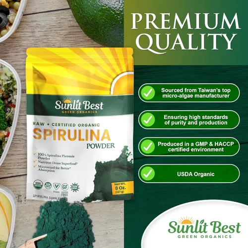 Miniatura 4 de Sunlit Best Polvo de Espirulina Orgánica USDA - Clorofila, Absorción Rápida, Alga Espirulina Azul-Verde, Proteína Cruda Vegana - Sin OMG