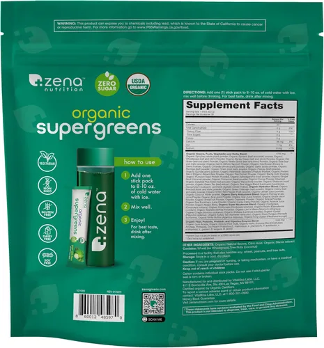 Miniatura 8 de Zena Nutrition Polvo de Superalimentos Orgánicos Verdes, Más de 70 Superalimentos, 0 Azúcar, 3g de Fibra, Espirulina, Clorella, Hongos