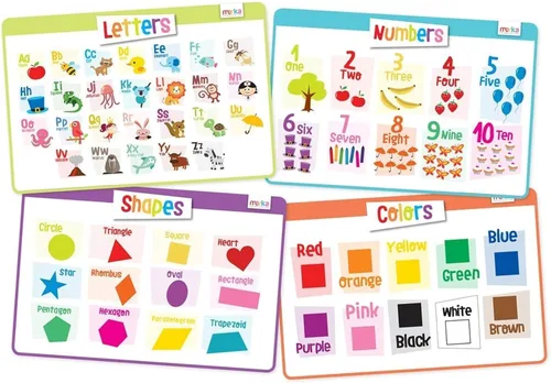 Merka Paquete de 4 manteles individuales educativos para niños y niños pequeños, reutilizable, lavable con agarre seguro en la parte trasera para
