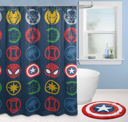 Miniatura 6 de Jay Franco Marvel Avengers Shields - Juego de baño de 14 piezas, incluye cortina de ducha, 12 ganchos y alfombra de baño antideslizante, tela