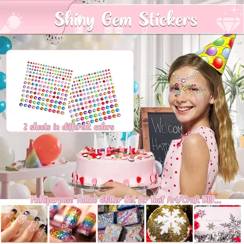 Miniatura 6 de TEUVO Kit de tatuaje con purpurina para niños con 50 colores, 177 plantillas, 25 calcomanías de patrones mixtos (colores/luminosos), 2 calcomanías