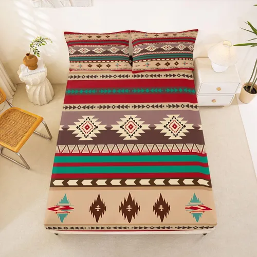 Miniatura 61 de Juego de ropa de cama de estilo bohemio occidental, tamaño individual, diseño de vaca atrapasueños, sábana bajera ajustable del suroeste, tribu