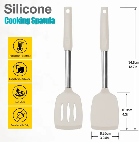 Miniatura 2 de Paquete de 2 espátulas, juego de espátulas de silicona sólida y ranurada, mango de acero inoxidable recubierto con silicona, espátulas