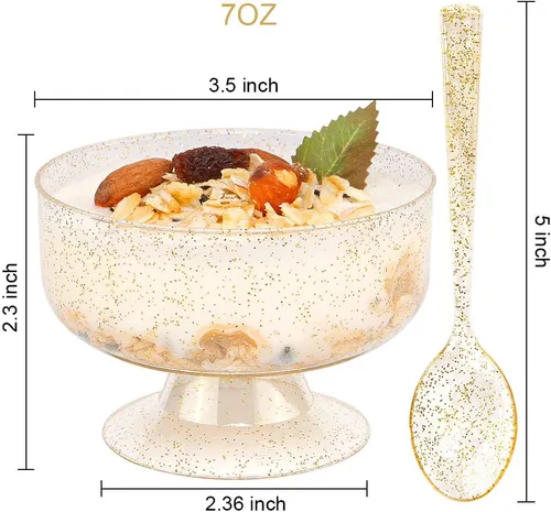Miniatura 2 de WDF Paquete de 48 tazas de postre de plástico con purpurina dorada de 7 onzas con cucharas, 48 vasos de plástico desechables para helado y 48 Oro