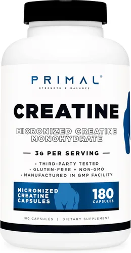 Primal Monohidrato de creatina (3,000 mg, 180 cápsulas) - Suplemento de creatina micronizada, 750 mg por cápsula, ideal para preentrenamiento y