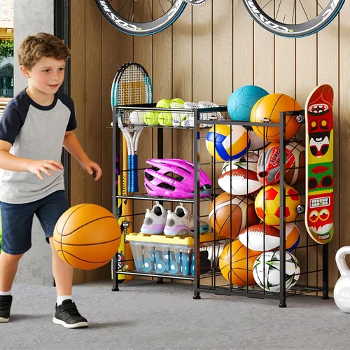 Miniatura 6 de Organizador de equipo deportivo, estante de almacenamiento de pelotas con correas elásticas y canasta removible para organización de garaje