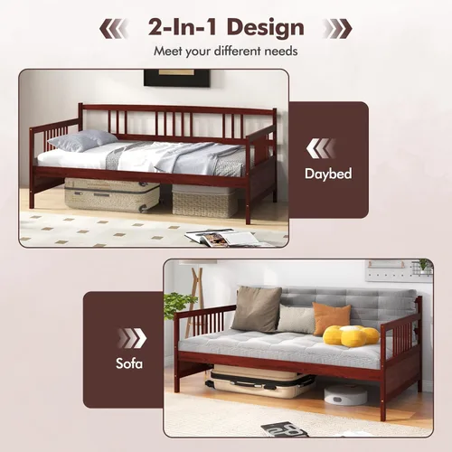 Miniatura 7 de KOMFOTT Marco de sofá cama de madera tamaño individual, marco de cama de sofá con soporte de listones de madera, no necesita somier, marco de sofá