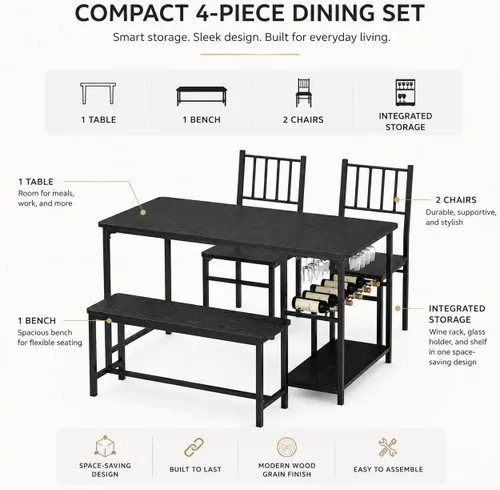 Miniatura 2 de 4 EVER WINNER Juego de mesa de comedor negra para 4 personas con banco, juego de mesa de cocina y sillas de 55 pulgadas con estante para vino