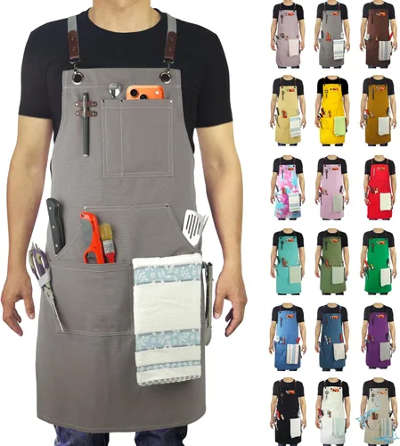 Delantal de cocina, delantal de trabajo, lienzo, múltiples bolsillos, jardinería, pintura, barbacoa, artista, carpintero, tallas M a XXL, gris oscuro