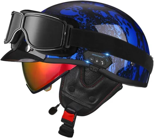 Miniatura 13 de Casco de cara abierta con Bluetooth para hombres y mujeres, casco retro de estilo alemán con diseño de calavera, visera con gafas, casco de media