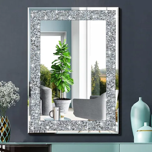 QMDECOR Espejo rectangular plateado con diamantes para decoración de pared, 20 x 28 pulgadas, para colgar en la pared, sin marco, para decoración de