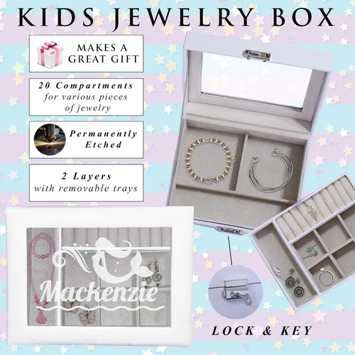 Miniatura 3 de My Personal Memories Joyero personalizado para niñas grabado personalizado con nombre y bailarina sirena unicornio y más blanco