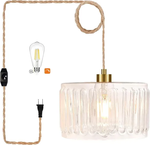 Miniatura 9 de Lámpara colgante de ratán para enchufar, con cable de enchufe, lámpara colgante de bambú regulable, tejida a mano estilo bohemio, pantalla