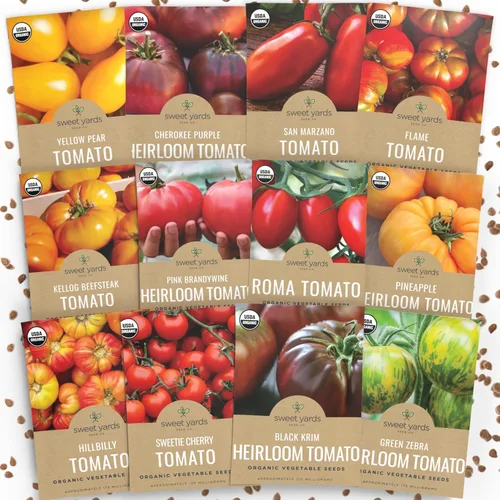 Paquete variado de semillas de tomate orgánicas tradicionales – 9 paquetes de semillas: Brandywine rosa, Roma, cebra verde, piña, Hillbilly, Krim