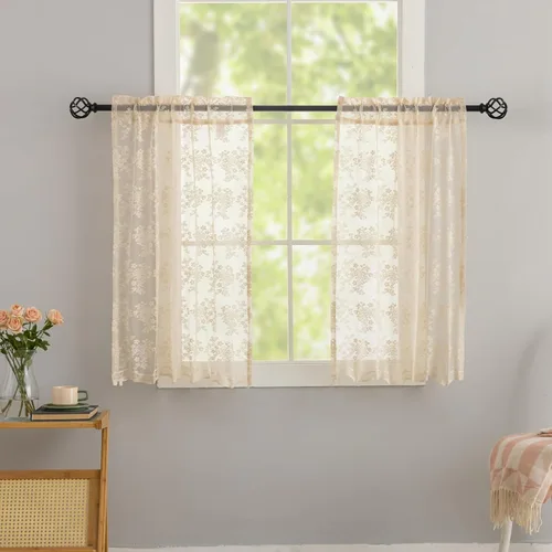 Miniatura 43 de YJ YANJUN Cortinas traslúcidas negras de 54 pulgadas de largo, panel de cortina de encaje gótico victoriano para cocina, cortinas cortas de Negro