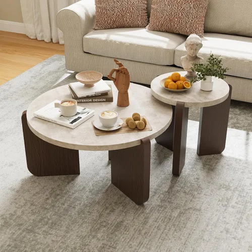 COSIEST - Juego de mesa auxiliar redonda moderna y mesa auxiliar, tapa de madera con aspecto de mármol falso, patas de nogal y crema blanca, mesa