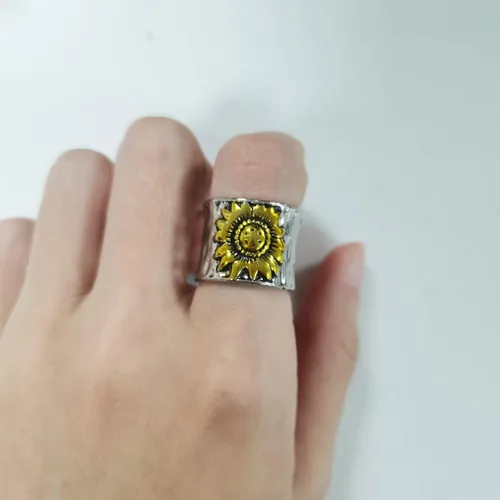 Miniatura 3 de Anillo de girasol vintage para mujeres y hombres, anillo giratorio de margaritas y girasoles, estilo bohemio, ancho y grueso, anillo de esperanza