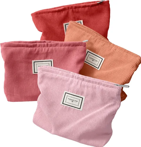 Miniatura 11 de Sanwuta Paquete de 4 bolsas de terciopelo para maquillaje, bolsa de cosméticos para mujer, bolsa de pana de gran capacidad, con cremallera, de lona