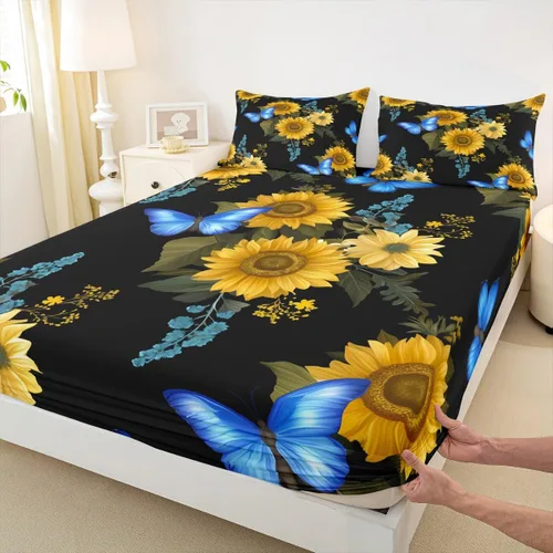 Miniatura 5 de Erosebridal Sábanas de girasol tamaño individual, sábana bajera ajustable de mariposa azul para niñas y mujeres, juego de ropa de cama floral