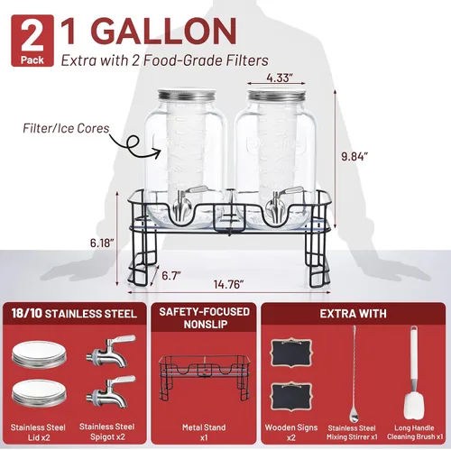 Miniatura 4 de KIKCOIN Paquete de 2 dispensadores de bebidas de vidrio para fiestas, dispensador de bebidas de 1 galón a prueba de fugas con espita de acero