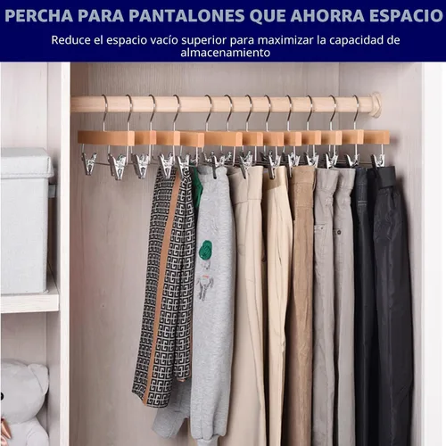 Miniatura 6 de Amber Home Paquete de 24 perchas de madera natural para pantalones con clips, perchas de madera para faldas de pantalones para jeans, pantalones