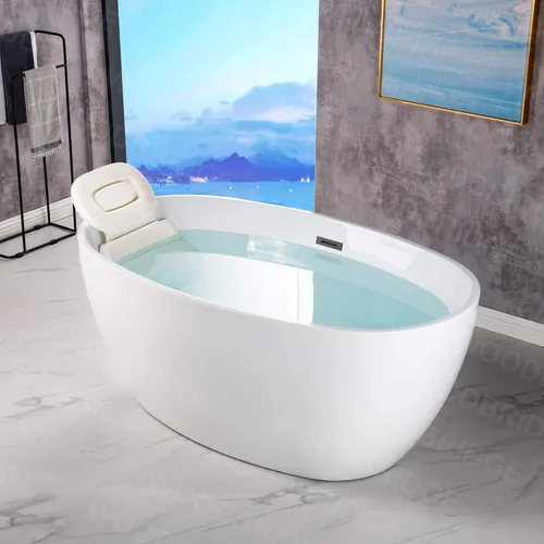 Miniatura 3 de WOODBRIDGE Bañera de acrílico independiente de 55 pulgadas, bañera blanca de remojo contemporáneo con desbordamiento y drenaje negro mate, B1418