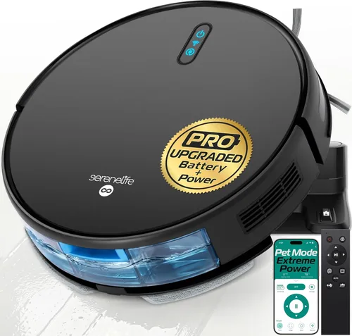 SereneLife Robot aspirador automático y trapeador, edición Pro con batería mejorada, succión extrema, tanque de agua interno, control inteligente de