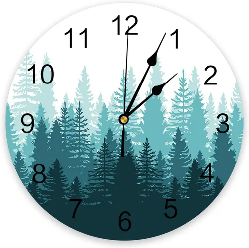 Miniatura 9 de Reloj de pared con árbol del bosque, funciona con pilas, reloj de pared silencioso de PVC sin tictac de 10 pulgadas, paisaje forestal brumoso, reloj
