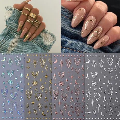 Miniatura 4 de Calcomanías de uñas de estrella de luna, calcomanías de arte autoadhesivas 3D, calcomanías de diseño de estrellas y sol, suministros de oro láser