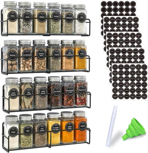 Miniatura 7 de VITEVER Estante Magnético para Especias, Juego de 4, 24 Frascos Cuadrados de Vidrio con Tapas, Etiquetas Preimpresas para Búsqueda Rápida, Embudo