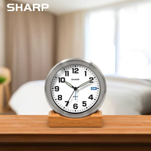 Miniatura 7 de Sharp Silent Sweep - Reloj despertador analógico sin tictac, escritorio de metal cepillado o reloj de pared con soporte de madera auténtica