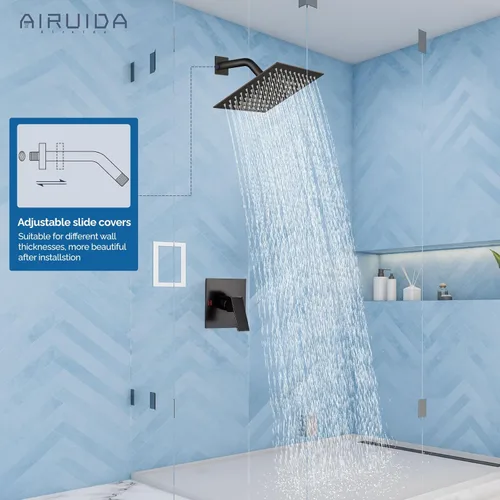 Miniatura 7 de Airuida Juego de grifo de ducha para baño, sistema de ducha de lluvia de 8 pulgadas, cabezal de ducha cuadrado de una sola función, 1 mango