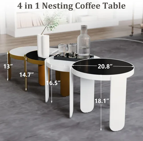 Miniatura 2 de ACEDÉCOR Mesa auxiliar anidable 4 en 1, moderna mesa central redonda con parte superior de vidrio templado convertible, mesa auxiliar apilable