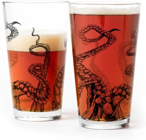 Black Lantern Juego de 2 vasos de cerveza de 16 onzas con diseño de tentáculos de pulpo, serigrafiado con caja de regalo