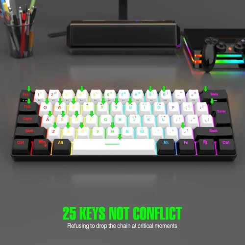 Miniatura 6 de 7KEYS Mini teclado para juegos con 60% con cable, 14+ modos de iluminación RGB, 25 teclas, sensación mecánica anti-fantasma, portátil ultra compacto