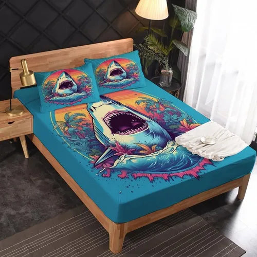 Miniatura 2 de Juego de sábanas de tiburón tamaño King, sábanas de microfibra suave y bolsillo profundo, sábanas y fundas de almohada estampadas sin arrugas, 4