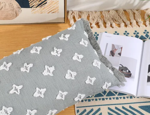 Miniatura 3 de Funda de almohada lumbar larga bohemia de 14x20 pulgadas con borla, de algodón, con patrón de flores 3D, funda de almohada lumbar larga para sofá