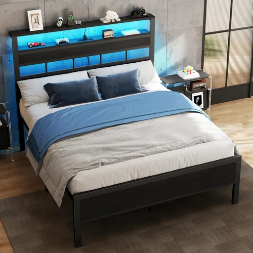 Miniatura 3 de Furnulem Base de cama de tamaño matrimonial con luz LED y estación de carga, cabecera de almacenamiento de madera con estantes de 2 niveles, cama