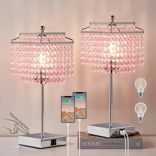 Miniatura 15 de Luvkczc Lámpara de Mesa de Cristal con Control Táctil Juego de 2, Lámpara de Mesa de Noche USB con Puertos USB C+A, Lámpara Regulable con Pantalla